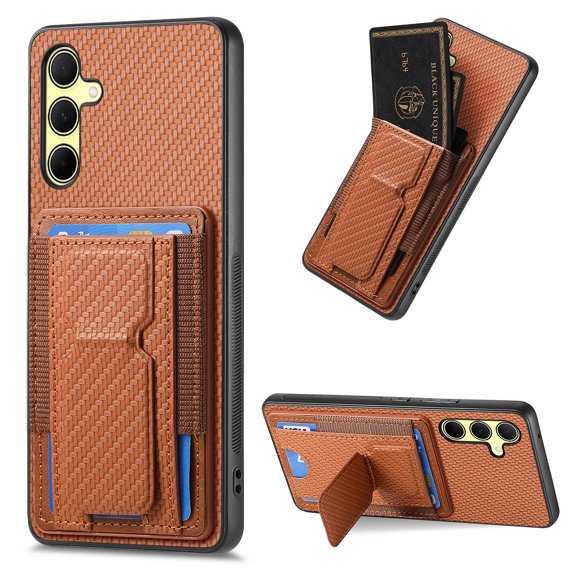 Compatible for Samsung Galaxy A15 Carbon Fiber Texture Wallet Case with Credit Card Slots, Shockproof Protection Business PU Leather Flip Kickstand Phone Cover for Galaxy A15, Brown