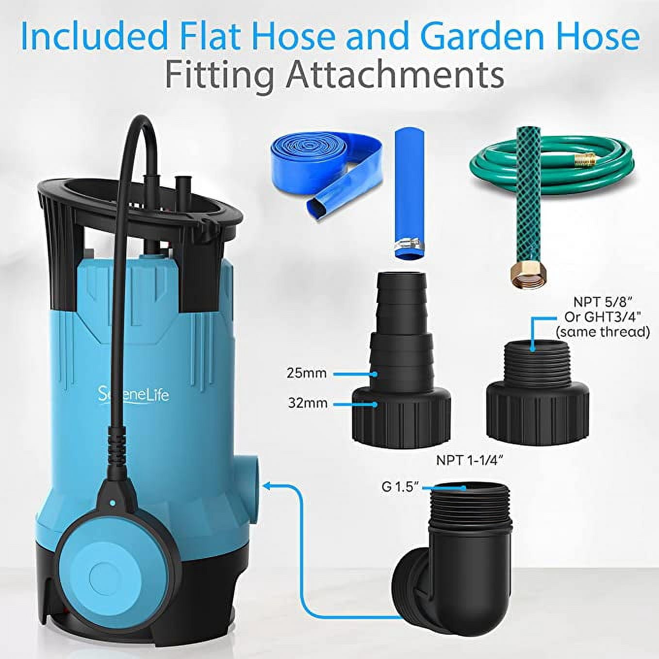 SereneLife Submersible Sump Pump for Pool Draining 750W 1HP 3302GPH Bonus 2 Fitting Attachment BLUE
