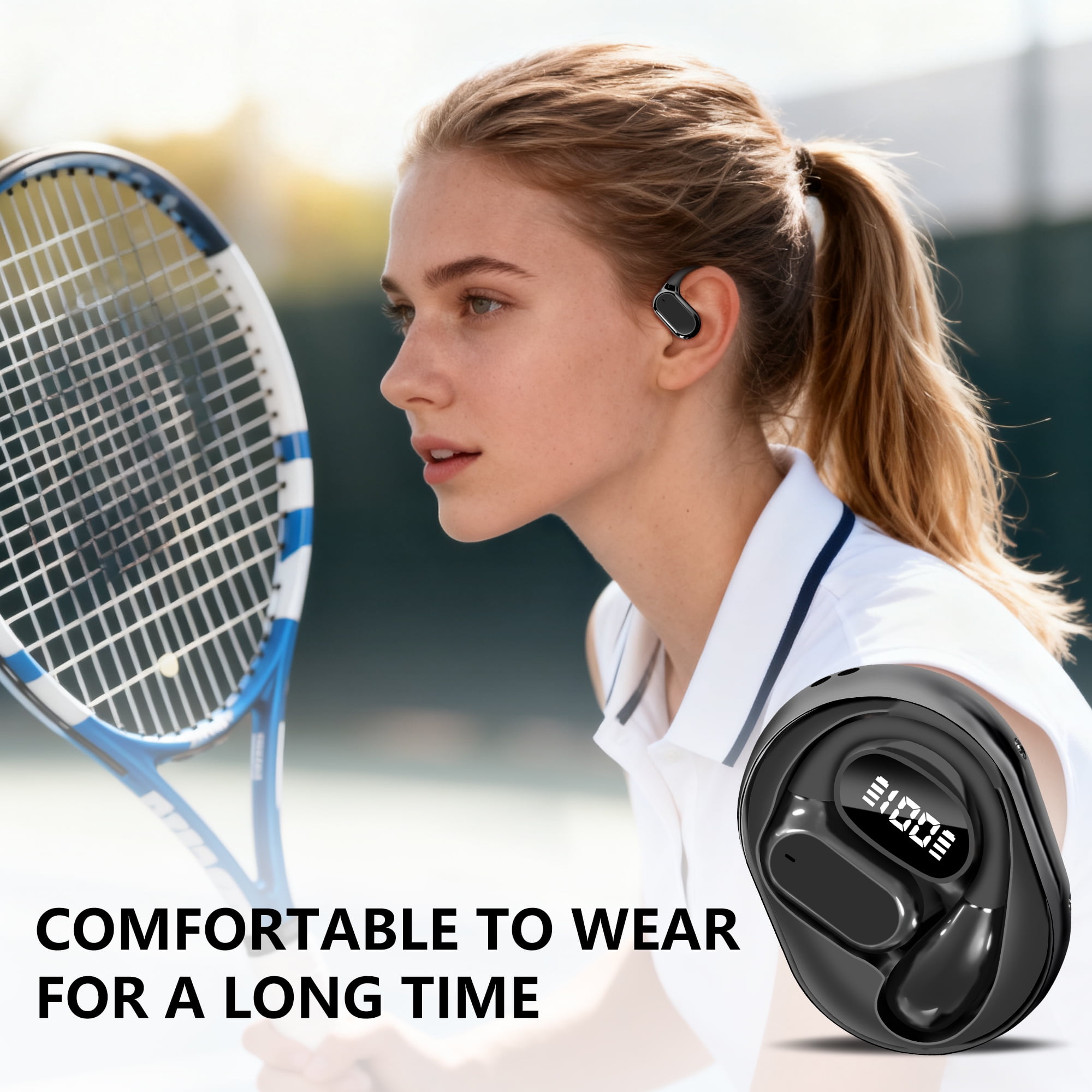 True Wireless Stereo Earphone, Open Ear Touch Control Bluetooth Headphone with Earhook, Type-C Charging Earphone for Meeting/Travel/Video/Game, Black