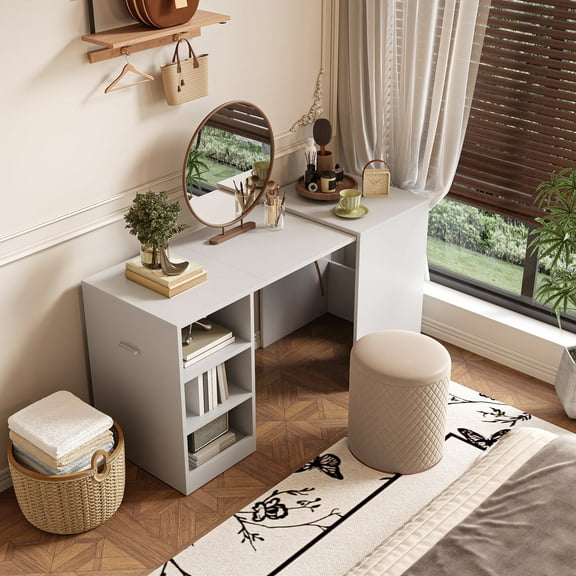 Tarnorci Folding Compact Computer Desk Hideaway Desk Corner Office Table for Gaming, Work, Study, Bedroom or Home Office Desks, 3 Shelf, White