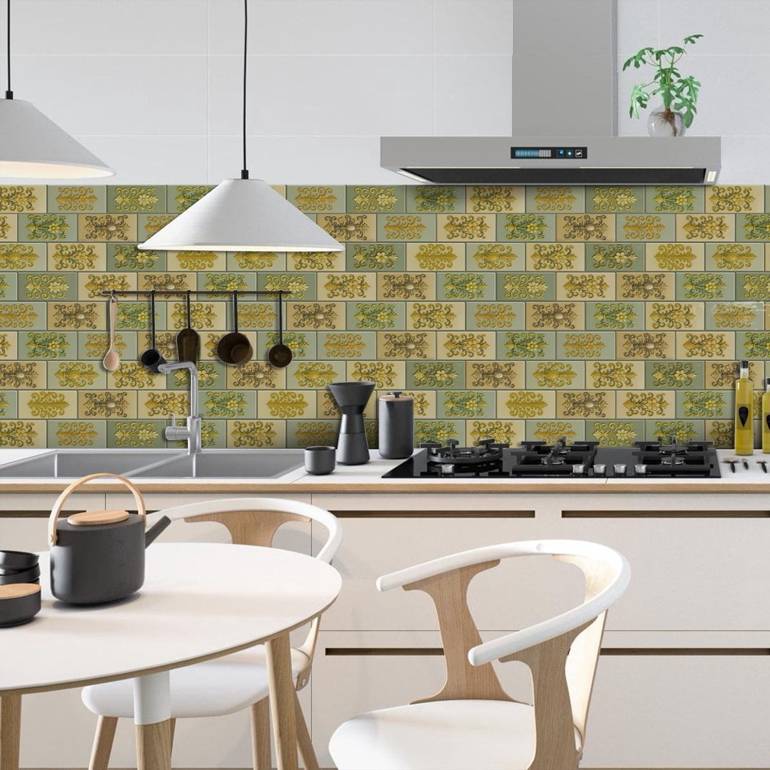 16Sheets Foaming Board Vinyl Tiles Stickers Wall Decals 8" x 4" Waterproof Peel and Stick Backsplash Yellow and Green Flowers Pattern Mural