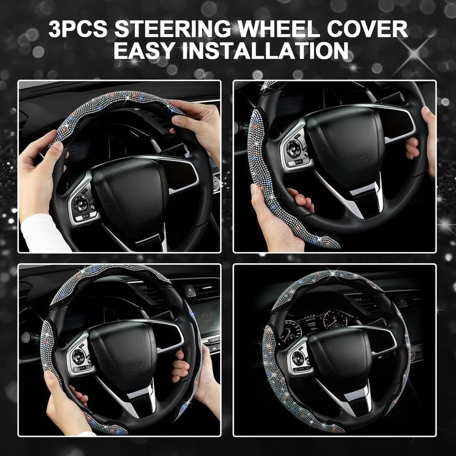 Diamond-studded car steering wheel cover, inlaid with crystal rhinestones, 3-piece set of segmented steering wheel protectors, universal design, suitable for 99% of car models, especially suitable fo