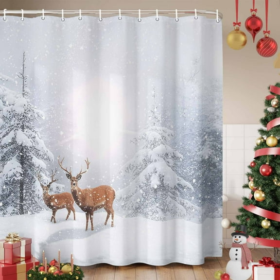Christmas Shower Curtain, Winter Deer Pine Trees Nature Snow Scene Waterproof Fabric Shower Curtains with 12 Hooks, Bathroom Curtain Set for Bathroom Accessories Decor, 48 x 72 Inches