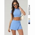 thumbnail image 4 of AEXTO Two-Piece Set Women's Solid V Neck Crop Top & Side Slit Skort Set, Casual Short Sleeve Top & Skort, Ladies Sportswear for Outdoor Tennis, 4 of 9