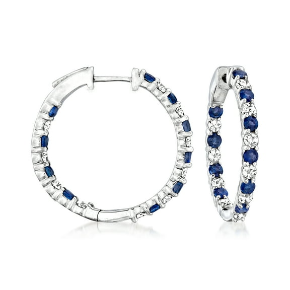 Ross-Simons 1.00 ct. t.w. Sapphire and 1.00 ct. t.w. Diamond Inside-Outside Hoop Earrings in Sterling Silver, Women's, Adult