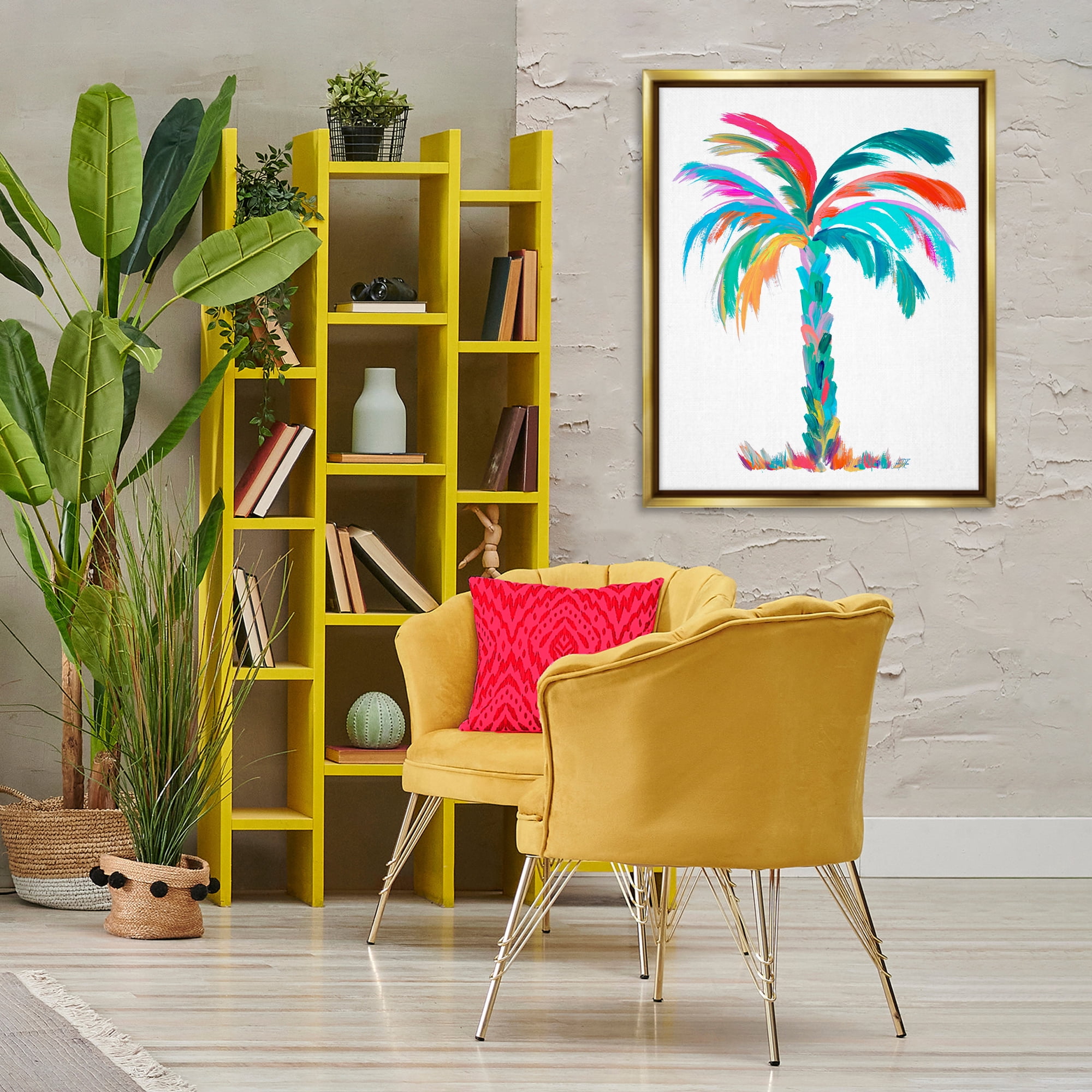 Stupell Industries Vivid Palm Tree Botanical & Floral Painting Gold Floater Framed Canvas Art Print Wall Art, 25 x 31