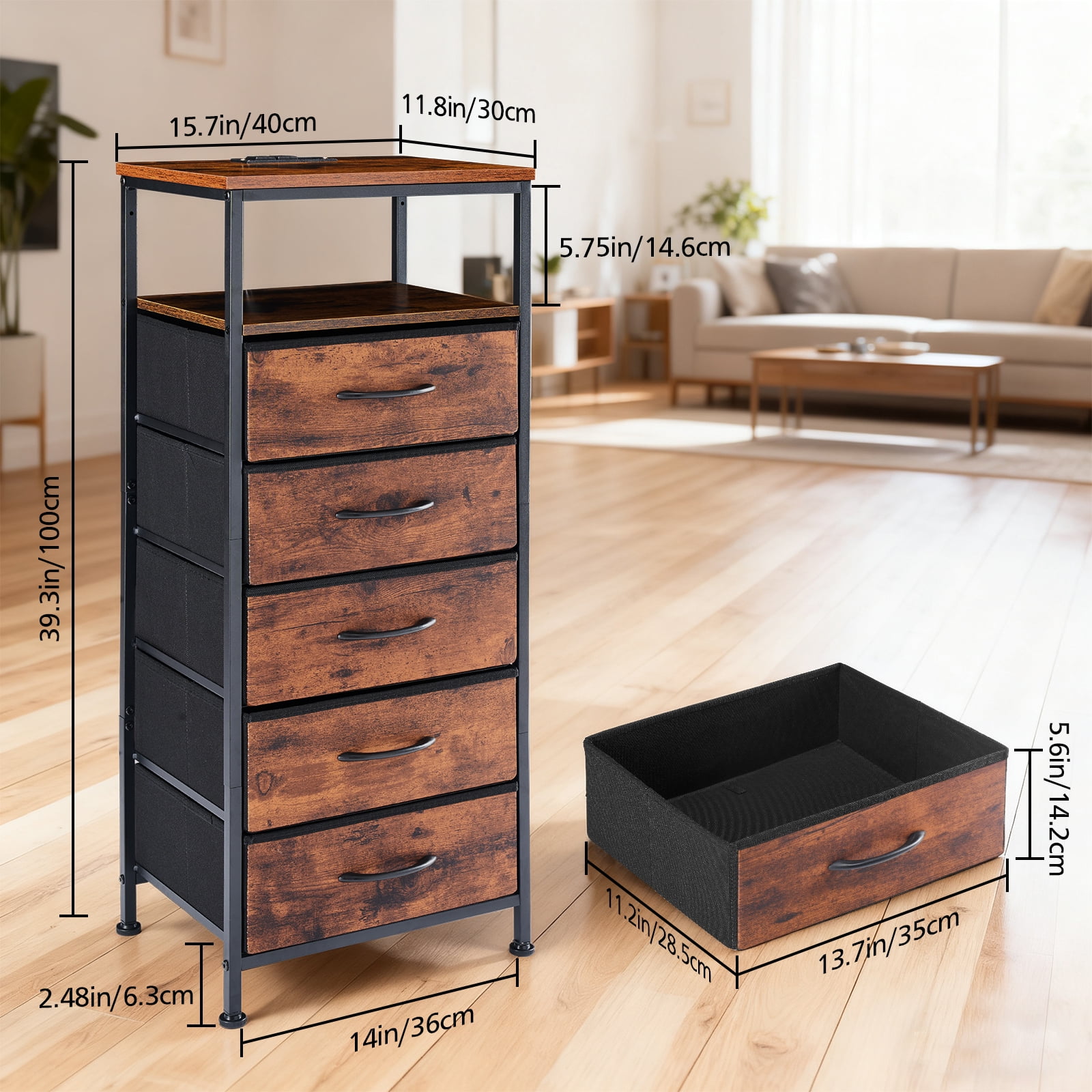 Smart Nightstand with LED Lights & Charging Station | Remote App Control Bedside Table | 2 AC Outlets, USB-C Port, 5 Drawer Storage | Modern End Table for Bedroom, Rust