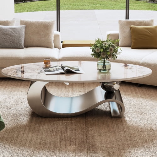 49.2-Inch Modern Oval Faux Marble Coffee Table with Sturdy Metal Base - Luxury Living Room Furniture for Home Decor | Scratch-Resistant & Easy Assembly, (Gray)
