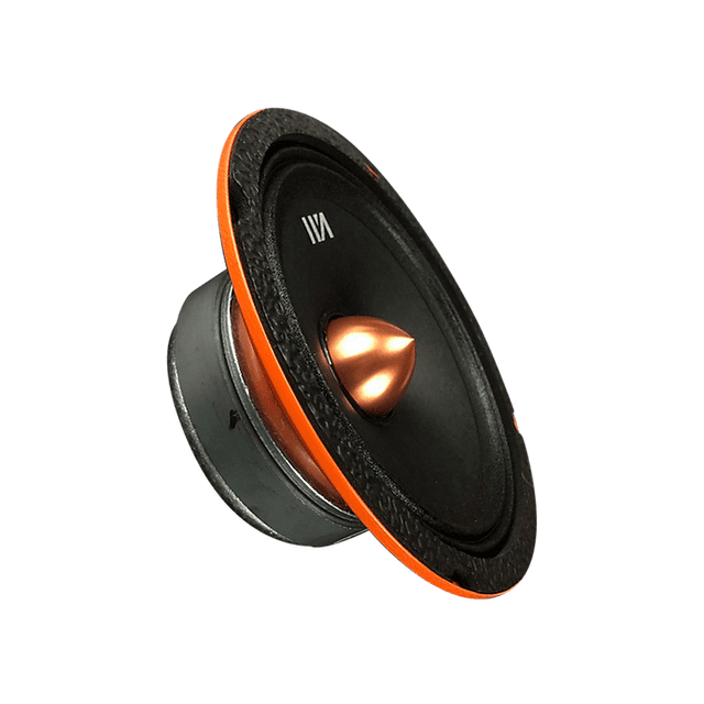 bocinas medio rango war audio blackhawk bh64bmsl 6.5 pulgadas 200w rms 400w max 4 ohms 2 piezas — Par de bocinas medio rango 6.5" color negro con borde naranja y pistón central metálico cónico, vista 3/4 inclinada; imán trasero y chasis circular visibles, diseño para audio para autos y potencia nominal 200W RMS (4 ohms). Su tamaño las hace aptas para instalación en puertas o cajas para mejorar el rango medio en sistemas Car Audio.