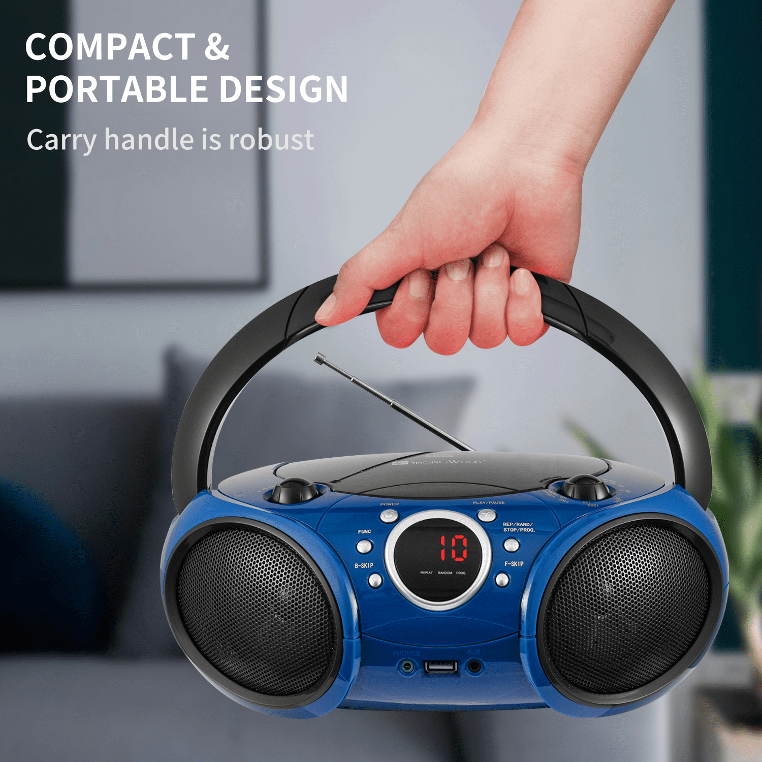 singing wood Portable Bluetooth CD Player Boombox with AM FM Radio, Aux In, Headphone Jack, AC/Battery, Blue