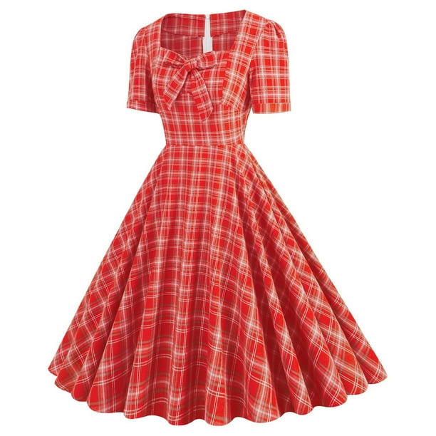 Women s 1950s Retro Vintage Short Sleeve Cocktail Party Swing Dress Bowknot Front Plaid Elegant Evening Prom Dress
