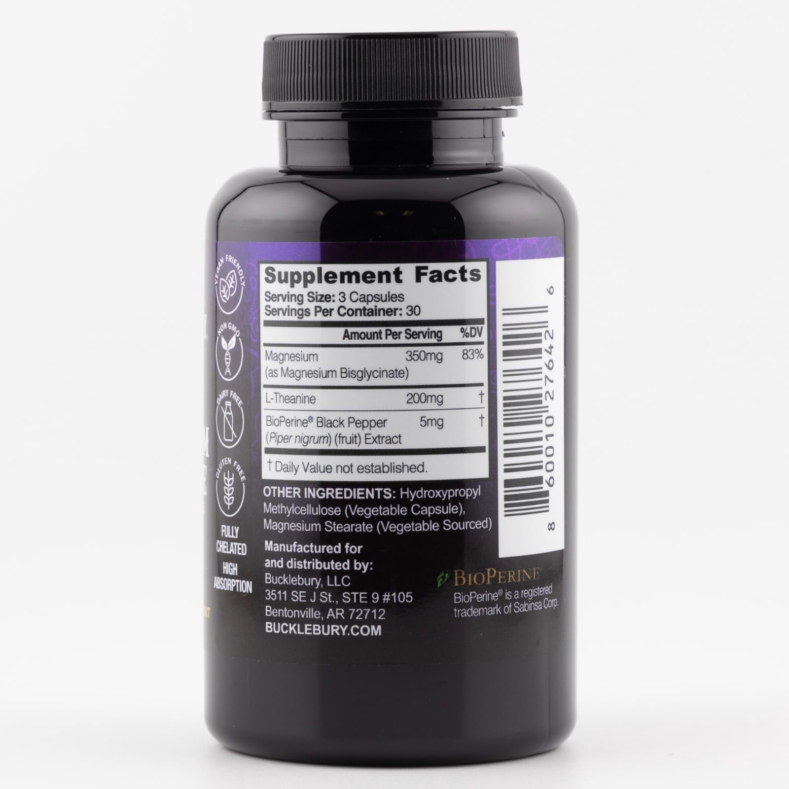 Bucklebury Magnesium Glycinate with L-Theanine Capsules Support Sleep, Bone, and Muscle - 90 Vegan Capsules
