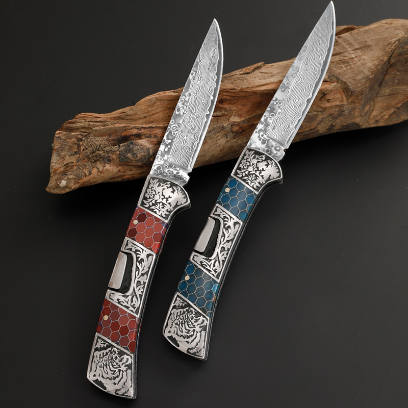 Grow In The Dark Luminous Damascus Pocket Folding Knife Resin Handle With Aluminum Mesh Honeycomb Pattern, Handmade Men Gifts 1pcs