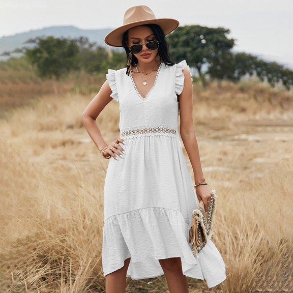 Summer Dresses for Women Maxi Dress V-Neck Fashion Solid Color Hollow Stitching Dress