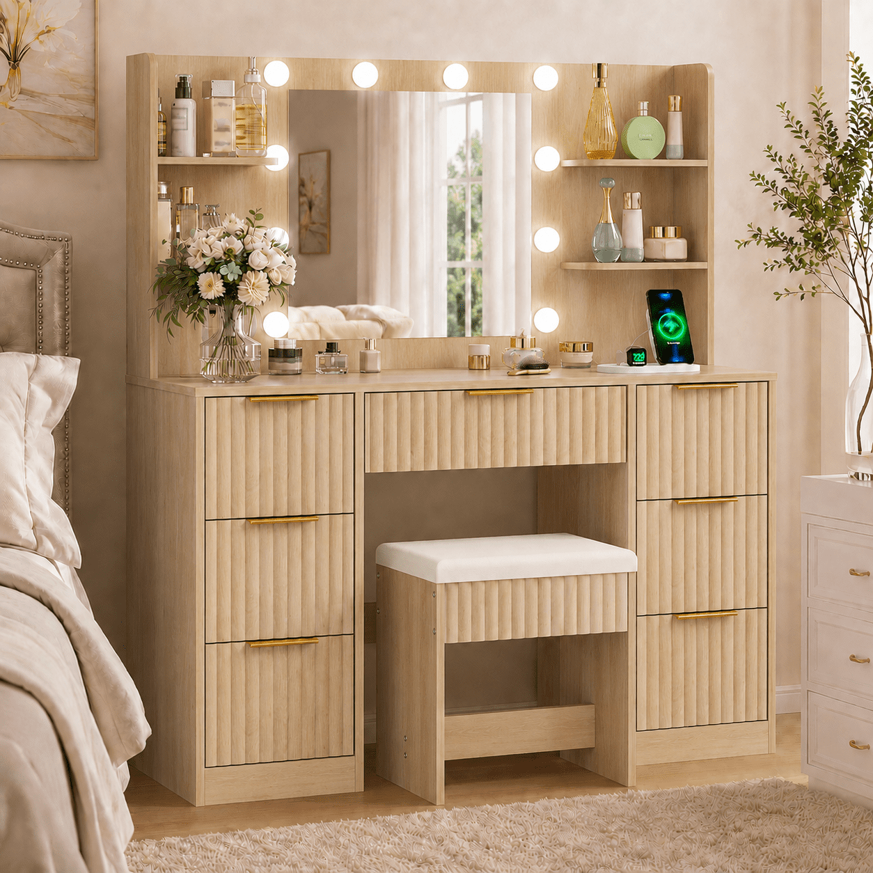 Ktaxon Makeup Vanity Set with 3 Color Lighted Mirror & Charging Station, Dressing Table w/ 7 Drawers for Femal Gift, Wood Color