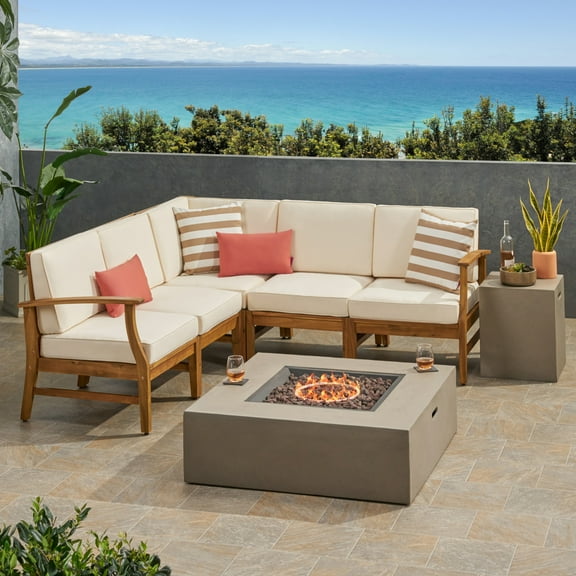 GDF Studio Biella Outdoor Acacia Wood 5 Seater Sectional Sofa Set with Fire Pit, Teak, Cream, and Light Gray