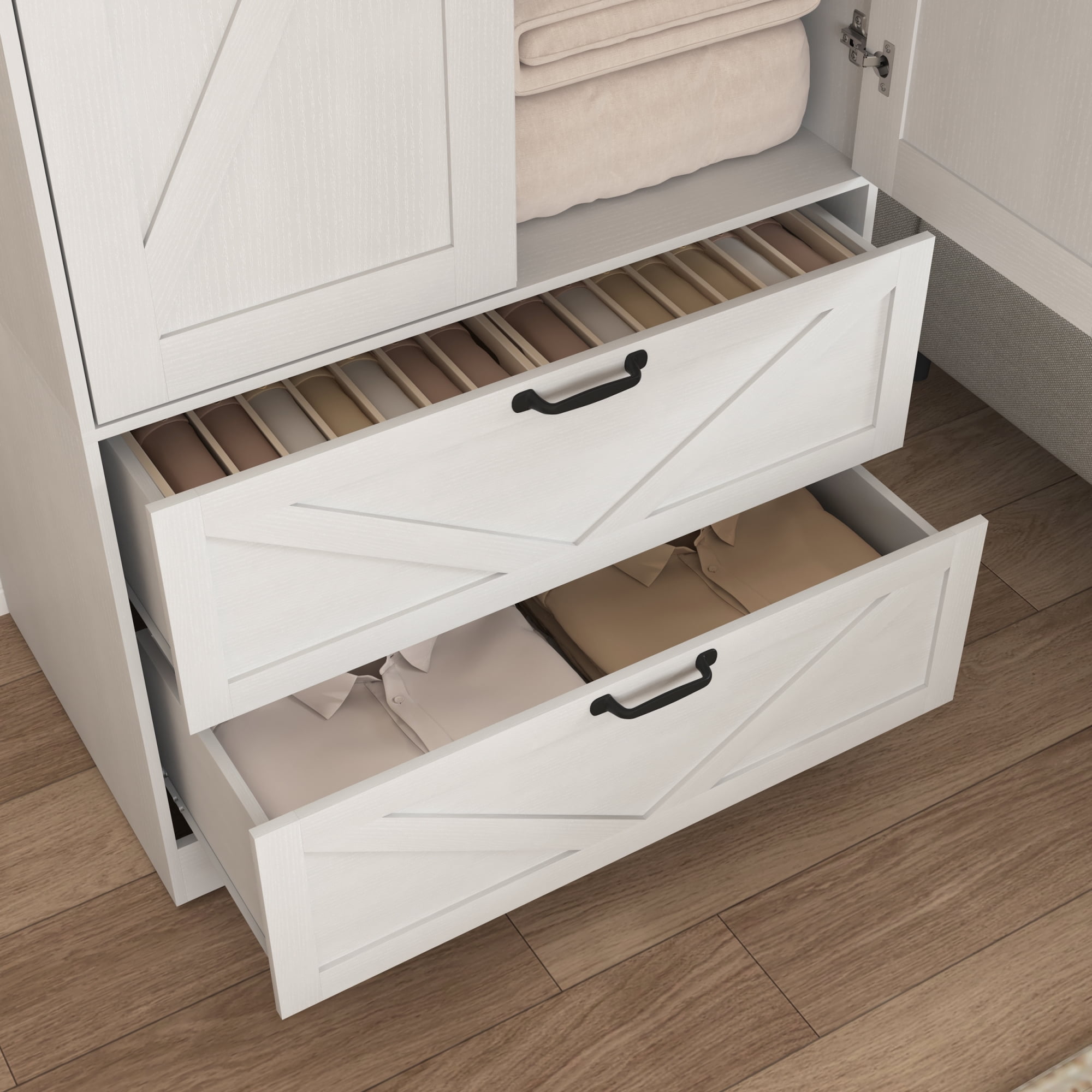 72" Tall 2 Doors Armoire Wardrobe Closet with 2 Drawers and Mirror, Multifunctional Wooden Wardrobe Storage Cabinet with Induction Light for Bedroom,White