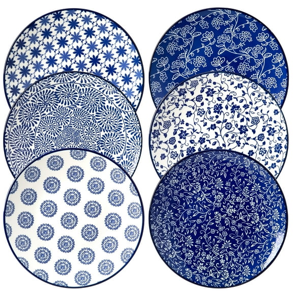 Contenpo Porcelain Plates, 10inch Dinner Plates, Blue & White Design Scratch-Resistant 6pcs