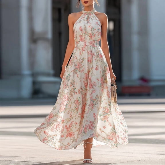 Morttic Women's Floral Halter Sleeveless Chiffon A-Line Flowy Maxi Dress Elegant Waist-Up Big Swing Party Beach Sundress Pink,S