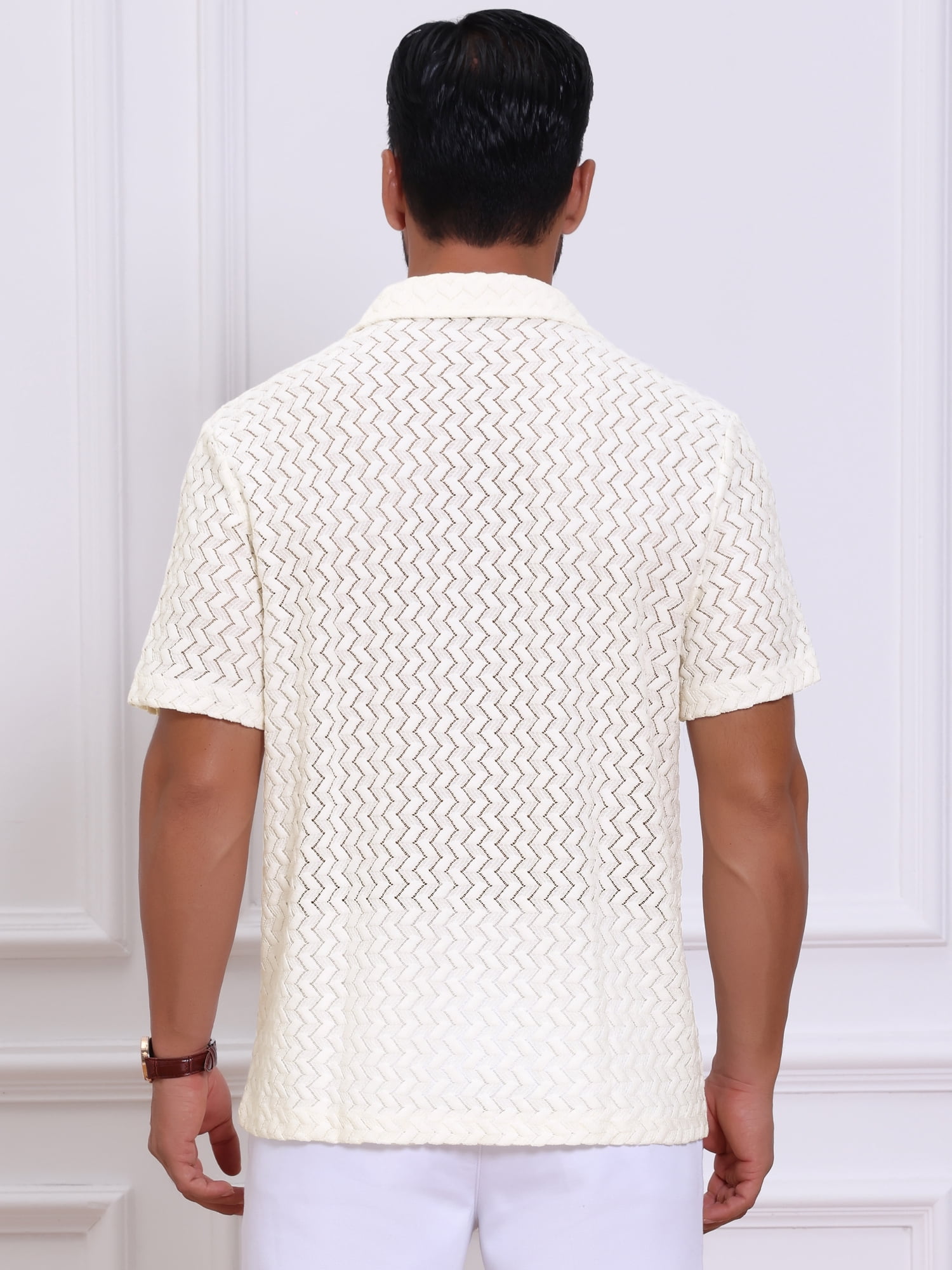 DARING DIVA Men's Hollow Jacquard Camp Collar Short Sleeve Beach Texture Shirts M Beige