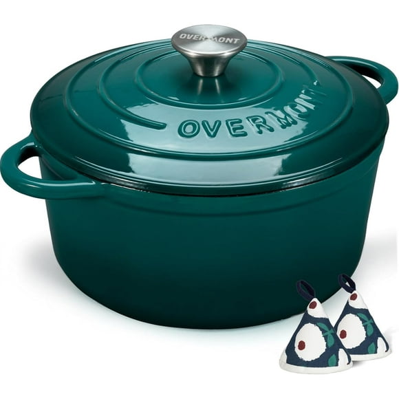 Horno holandés de hierro fundido esmaltado Overmont - Olla de 5.5 cuartos con tapa, libro de cocina y agarraderas de algodón - Utensilios de cocina resistentes para estofar, guisar, asar y hornear pan