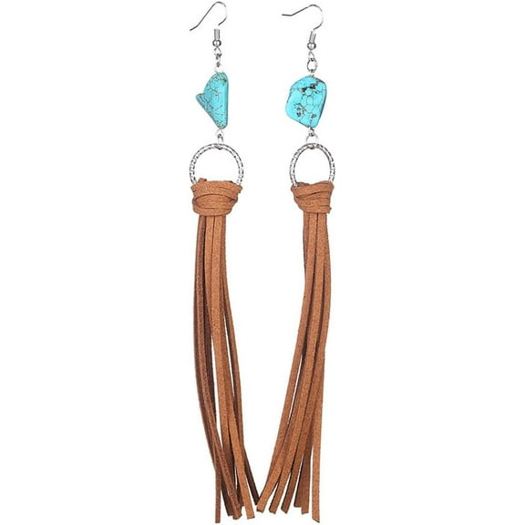 Bohemian Fringe Leather Earrrings Handmade Tassel Earrings with Turquoise Long Western Statement Dangel Earrings Vintage Long Turquoise Leather Tassel Earrings for Women Jewelry
