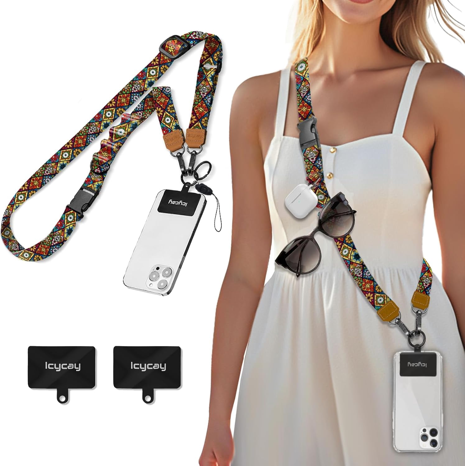 RGHJAR-Phone Lanyard Crossbody, Boho Cell Phone Strap for Around The Neck Adjustable, Bohemian Teacher Anti Theft Cute Lanyard for ID Holder Key Accessories Travel Essential Mandala Women