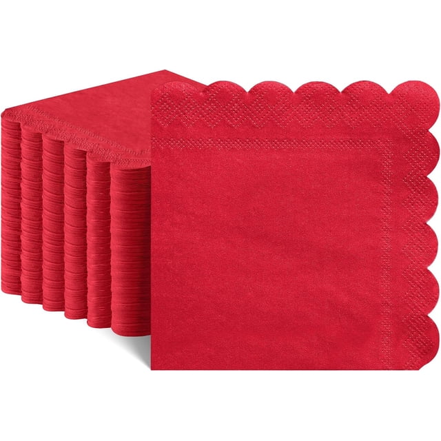 120 Pcs Serviettes Rouges, Serviettes à Cocktail Rouges Festonnées Jetables pour Boissons Dessert Serviette pour Anniversaire Mariage Vacances, 5 x 5 Pouces