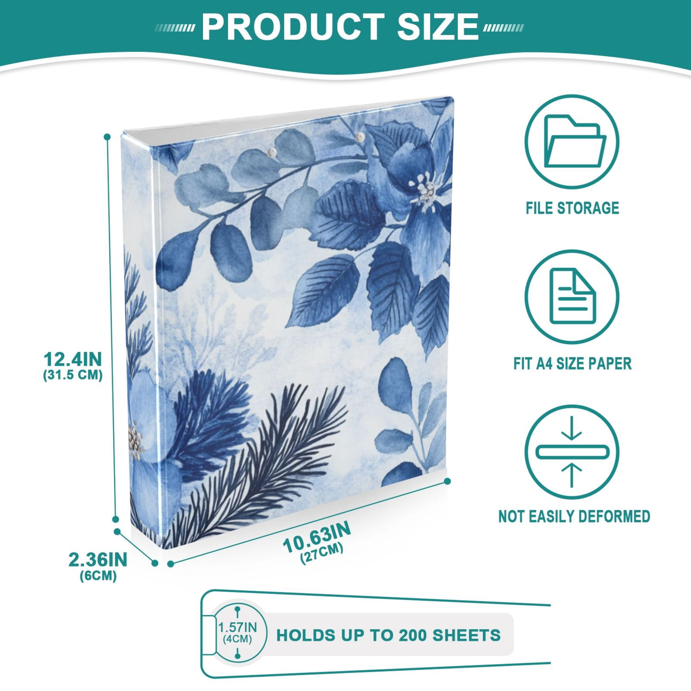 Blue Flowers and Leaves 3 Ring Binders 1.5 inch Hardcover File Folders with Interior Pockets A4 Size Organizer for School Office Hospital