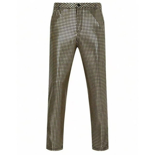 Lovzfmll Men's Metallic Sheen Straight-Leg Pants with Check Pattern, Perfect for Stage Performances and Night Outings Gold, 2XL