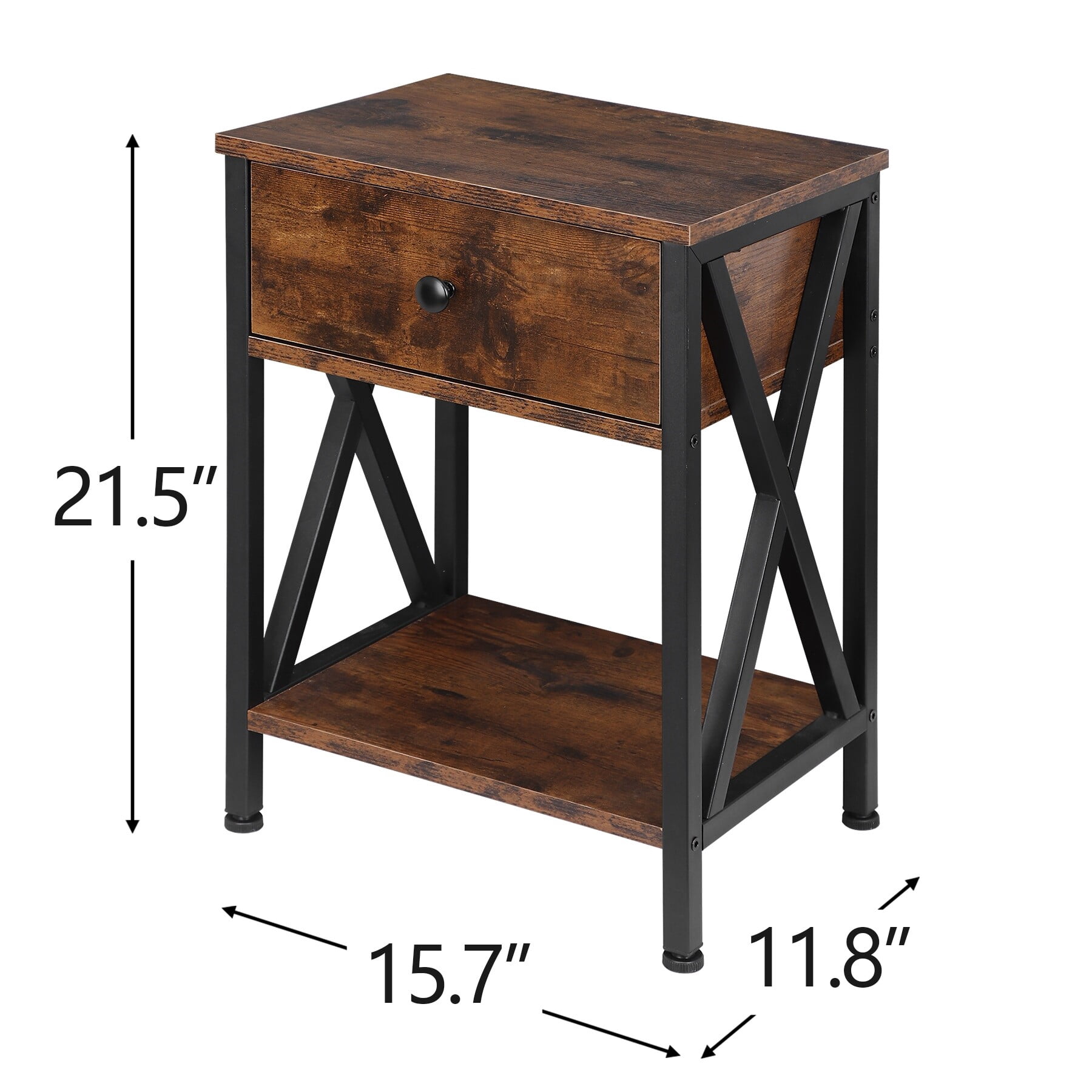ZenSports 2 Pack Wood Grain End Table Retro Industry Side Table W/ Drawer, Rustic Brown