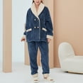 thumbnail image 4 of Homgo Women's Long Sleeve Shirt Pants Set Cute Soft Fuzzy Fleece Pajama Set 2 Piece Pjs Shawl Collar Double Breasted Button Front Winter Warm Baggy Oversized Fluffy Plush Lounge Set Navy Large, 4 of 5