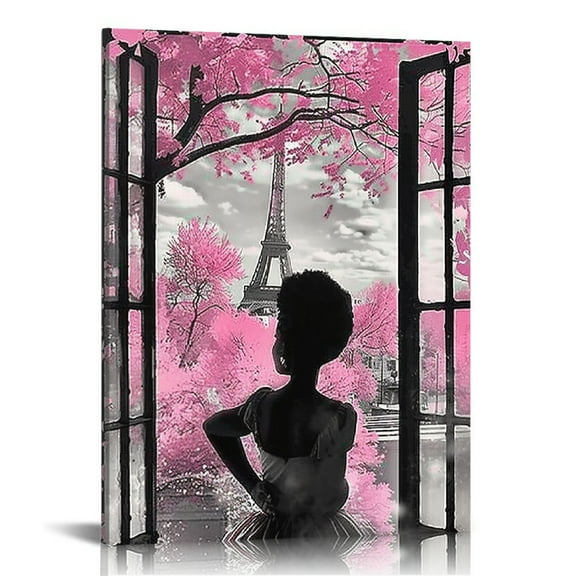 COMIO African American Wall Art Black Girl Pink Flowers Canvas Prints Modern Black and White Wall Art Fashion Paris Decoration Pictures Painting Framed Artwork Home Decor for Bedroom Bathroom