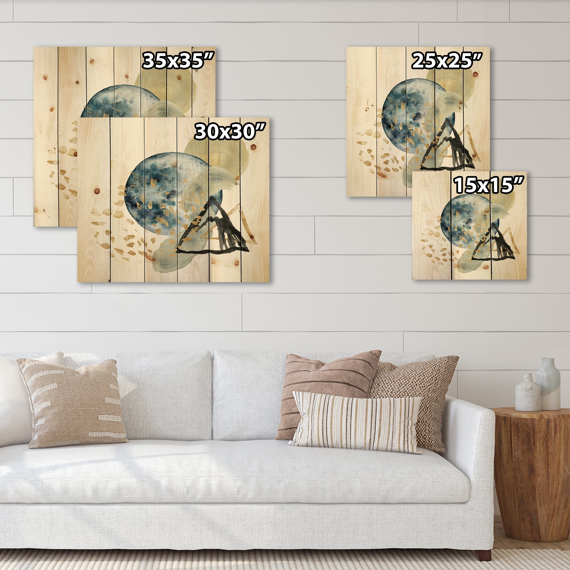 Designart 'Minimalistic Landscape of Moon With Mountains II' Modern Print on Natural Pine Wood