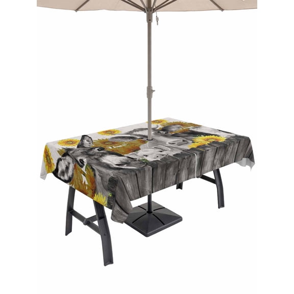 Outdoor Tablecloth with Umbrella Hole for Patio/Picnic/Party/Camping, Vintage Grey Farm Animals Waterproof Table Cloth Rectangle Table Cover Washable, Rustic Sunflowers Cow Pig (60"x 84")