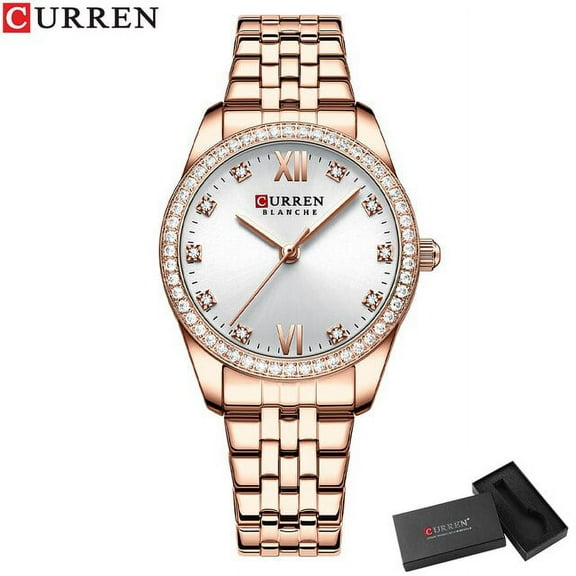 CURREN Classy Dress Watches for Women Stainless Steel Band Clock Female Rhinestone Dial Slim Wristwatches Ladies