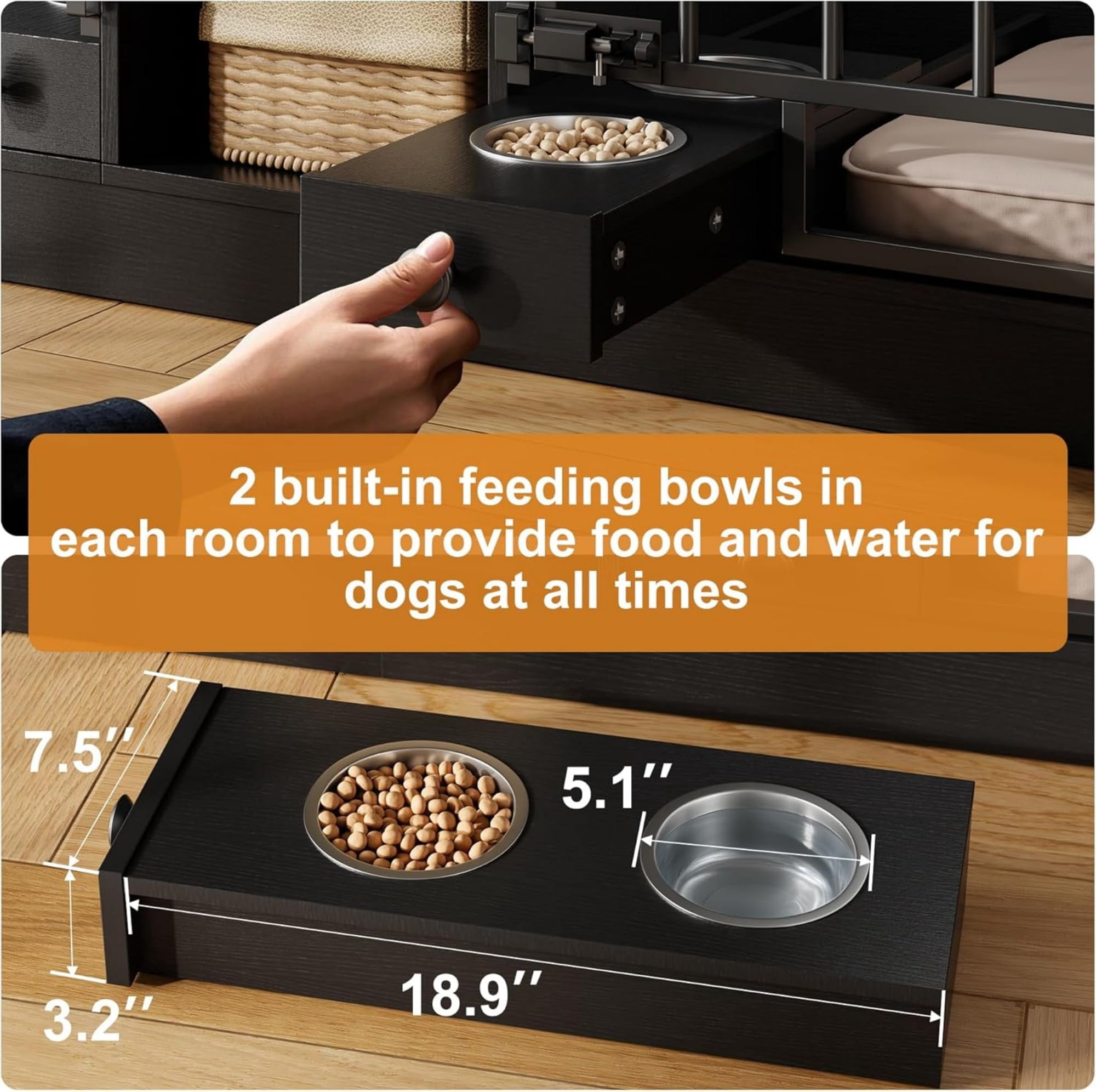 Accreate Dog Crate Furniture for 2 Dog, 78.7'' Large Dog Kennel Indoor with 2 Storage Drawers, 3 Shelves and Feeding Bowls, Double Dog Crate TV Stand for Small and Medium Dogs