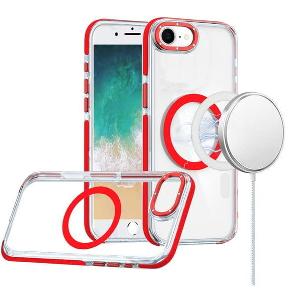 For iPhone 17E / 16E / SE4 Matching Color Frame Strong Magnetic Ring Circle Transparent HQ Thick Hybrid - Red