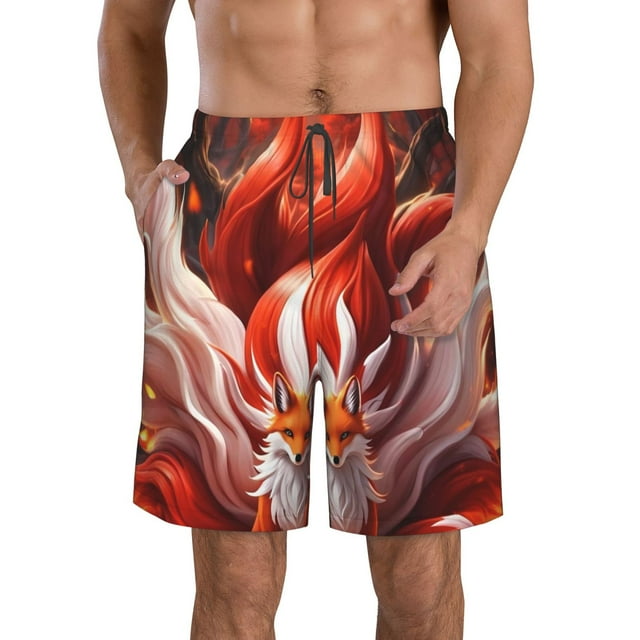 Sikiie Red Leaf Flame Fox Print Men's Beach Shorts, High Elastic Quick-drying Shorts - with Drawstring and Slip Pockets, Suitable for Beach, Sports, Vacation-Large