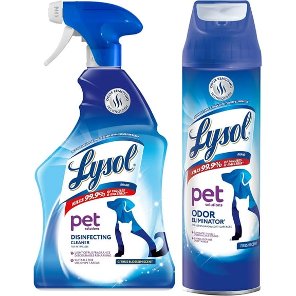 Lysol Pet Cleaning Bundle - 1 Pet Solutions Disinfecting Cleaner (32 Fl Oz) and 1 Odor Eliminator (15 Ounce Aerosol)