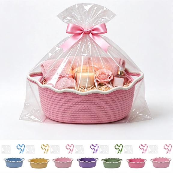 PYURTEP Woven Storage Basket, Cotton Rope Gift Basket with Ribbon, Toy Snack Organizer for Home Table Holiday Decor, 11.8 x 7.9 x 5.12 IN