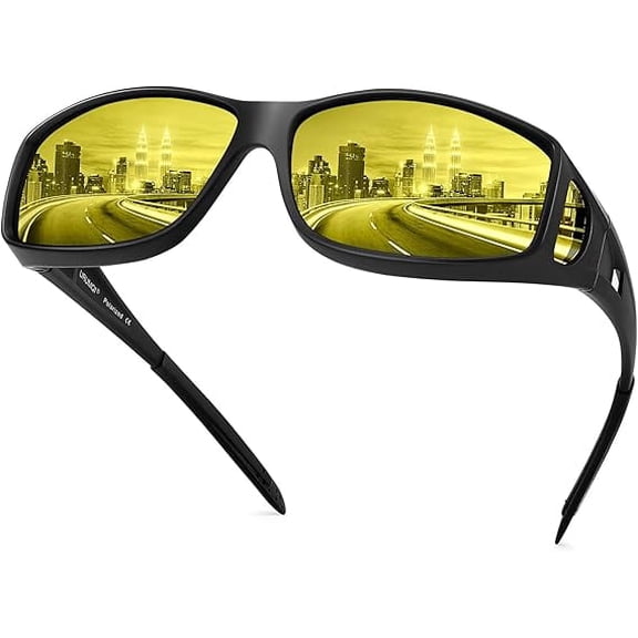 Night Vision Driving Glasses Fit Over Eyeglasses for Men Women, Anti Glare Polarized Nighttime Glasses Yellow Lens