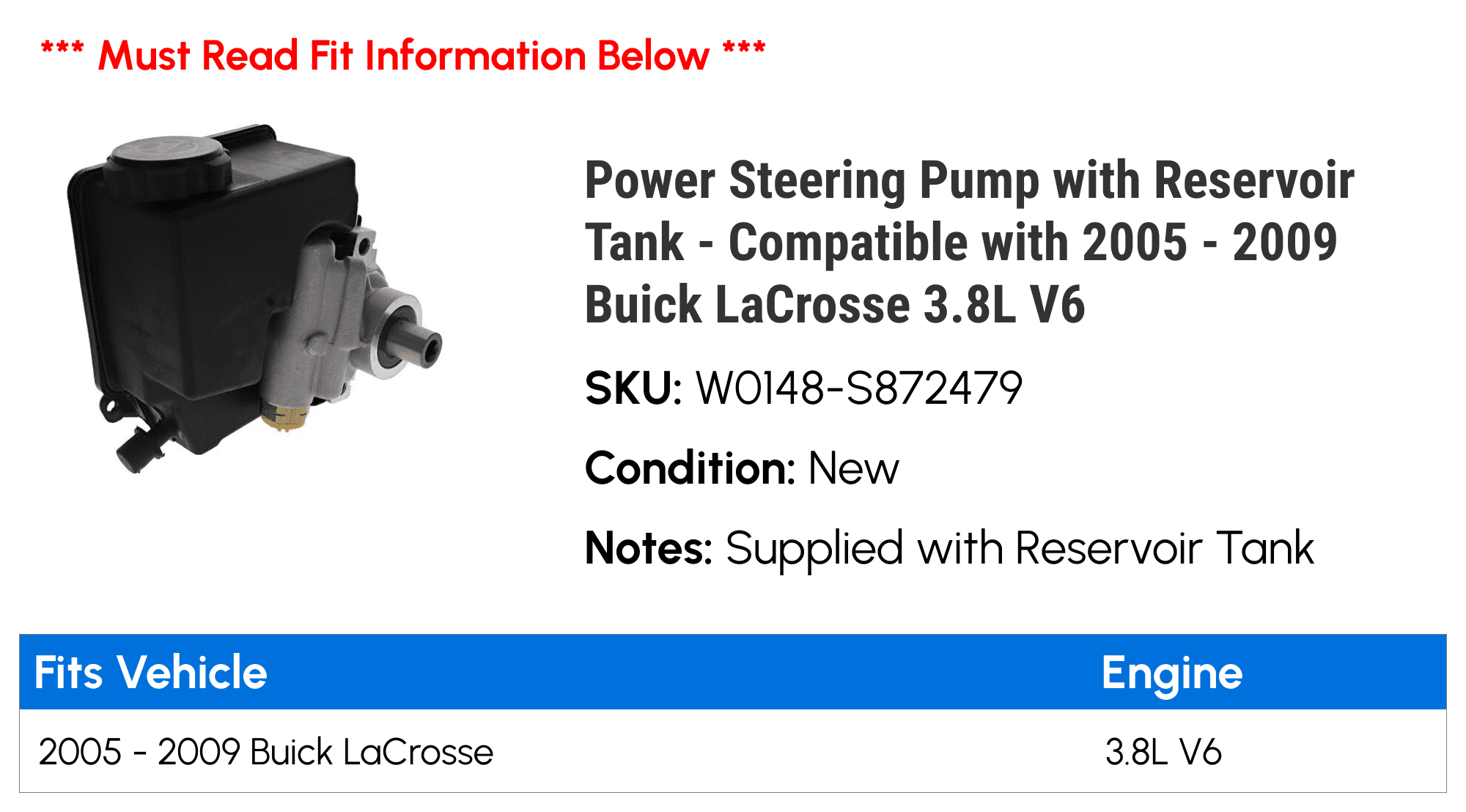 Power Steering Pump with Reservoir Tank - Compatible with 2005 - 2009 Buick LaCrosse 3.8L V6 2006 2007 2008