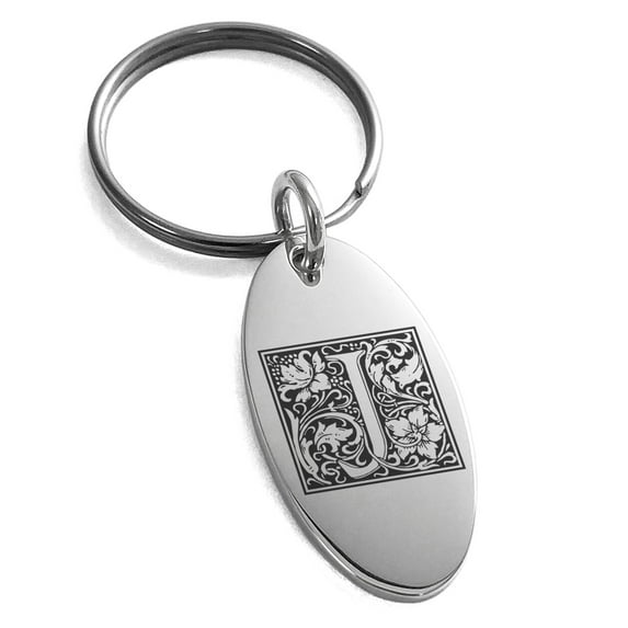 Stainless Steel Letter J Initial Floral Box Monogram Engraved Small Oval Charm Keychain Keyring
