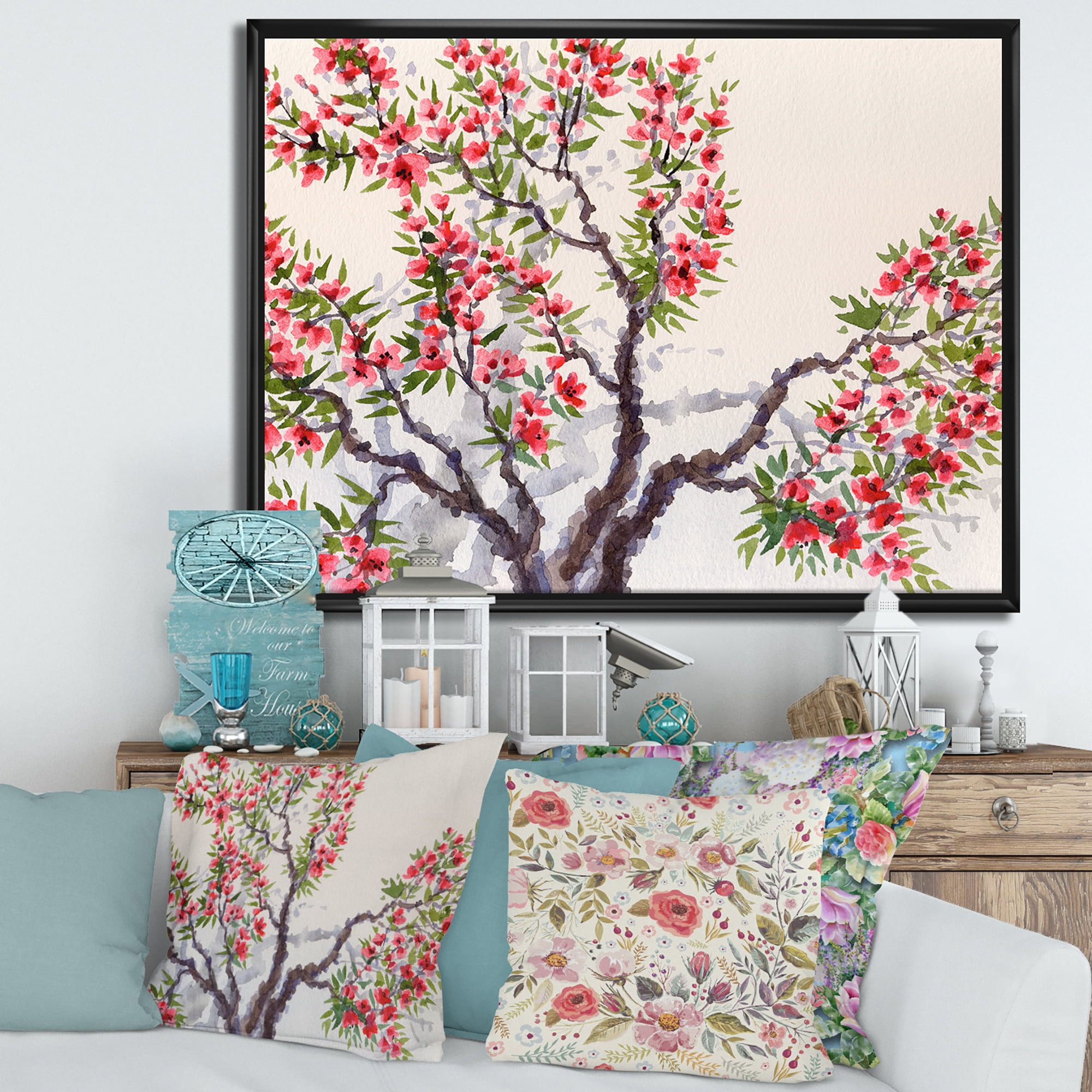 Designart 'Red Flowers On The Spring Blossoming Tree II' Traditional Framed Canvas Wall Art Print