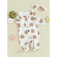 thumbnail image 3 of Liacowi Baby Girls Halloween Jumpsuits Infant Halloween Clothes Pumpkin Flower Print Long Sleeve Footies Romper Newborn Fall Playsuit with Headband, 3 of 9