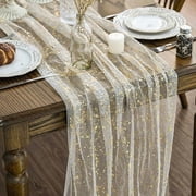 Sm:)e Beige Gold Silk Screen Stamping Gauze Table Runner 120 Inch 10FT, Glitter Metallic Foil Sheer Chiffon Table Decor for Wedding Anniversary Birthday Outdoor Home Party Table