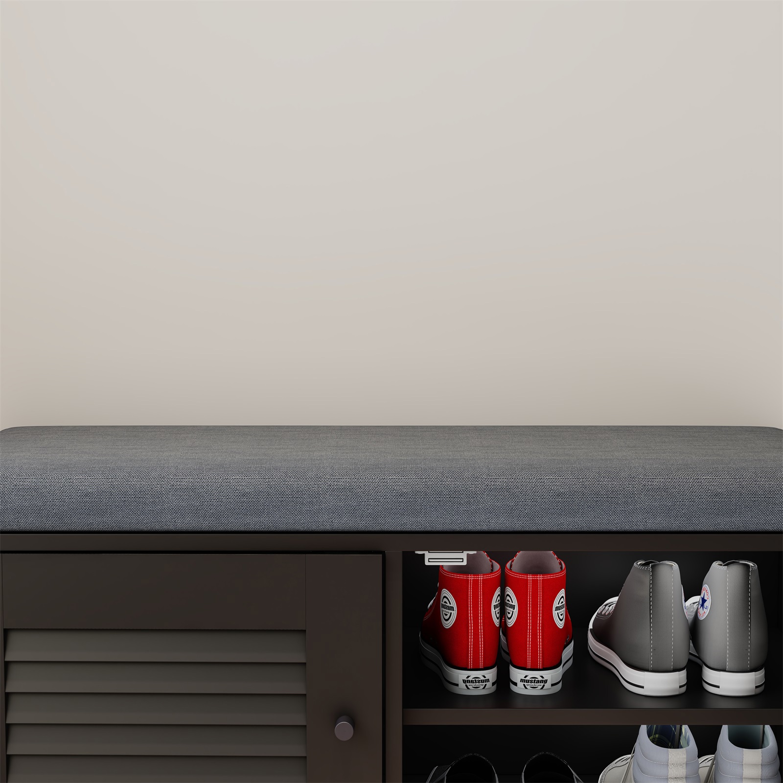 Hommoo Modern Shoe Storage Bench with Cushion, Entryway Shoe Rack Bench with Shutter Doors, Shoe Cabinet with Adjustable Shelves, Black