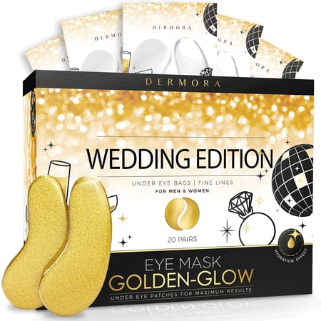 DERMORA Wedding-Themed Golden Glow Under Eye Patches - 20 Pairs Individually Packed, Hydrating Soft Gel Eye Masks for Puffiness, Wrinkles, Dark Circles & Fine Lines, Glowing Skin, Travel Friendly