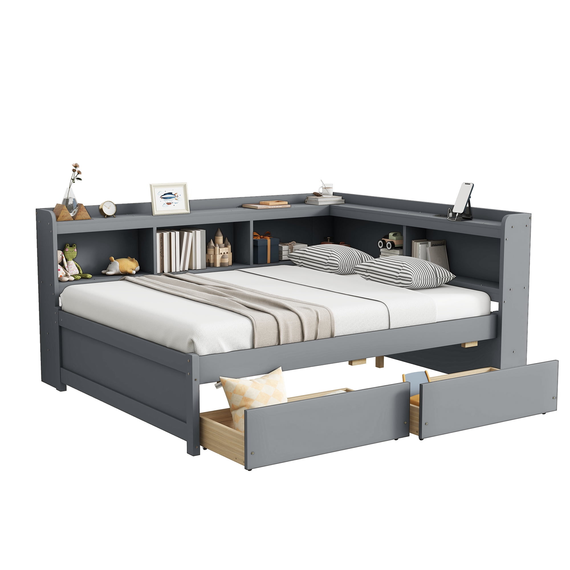 Sailvan Full Size L-shaped Bookcases Bed with Power Outlets, USB Charging Ports,Two Drawers